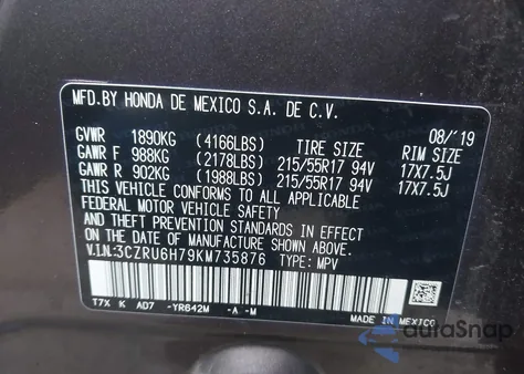 2019 Honda Hr-V Ex-L from USA, damaged, VIN 3CZRU6H79KM735876